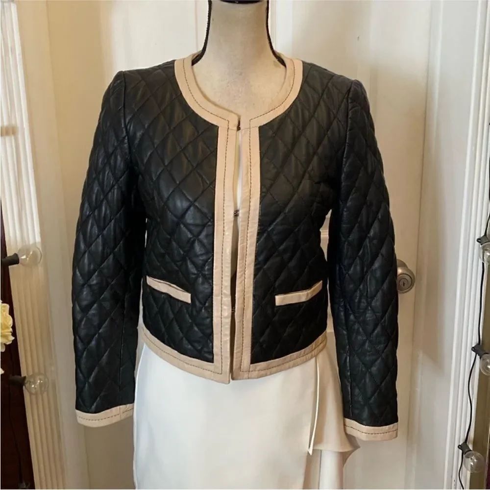 Massimo Dutti  Black Quilted lamb leather Jacket with Tan Trim, S
